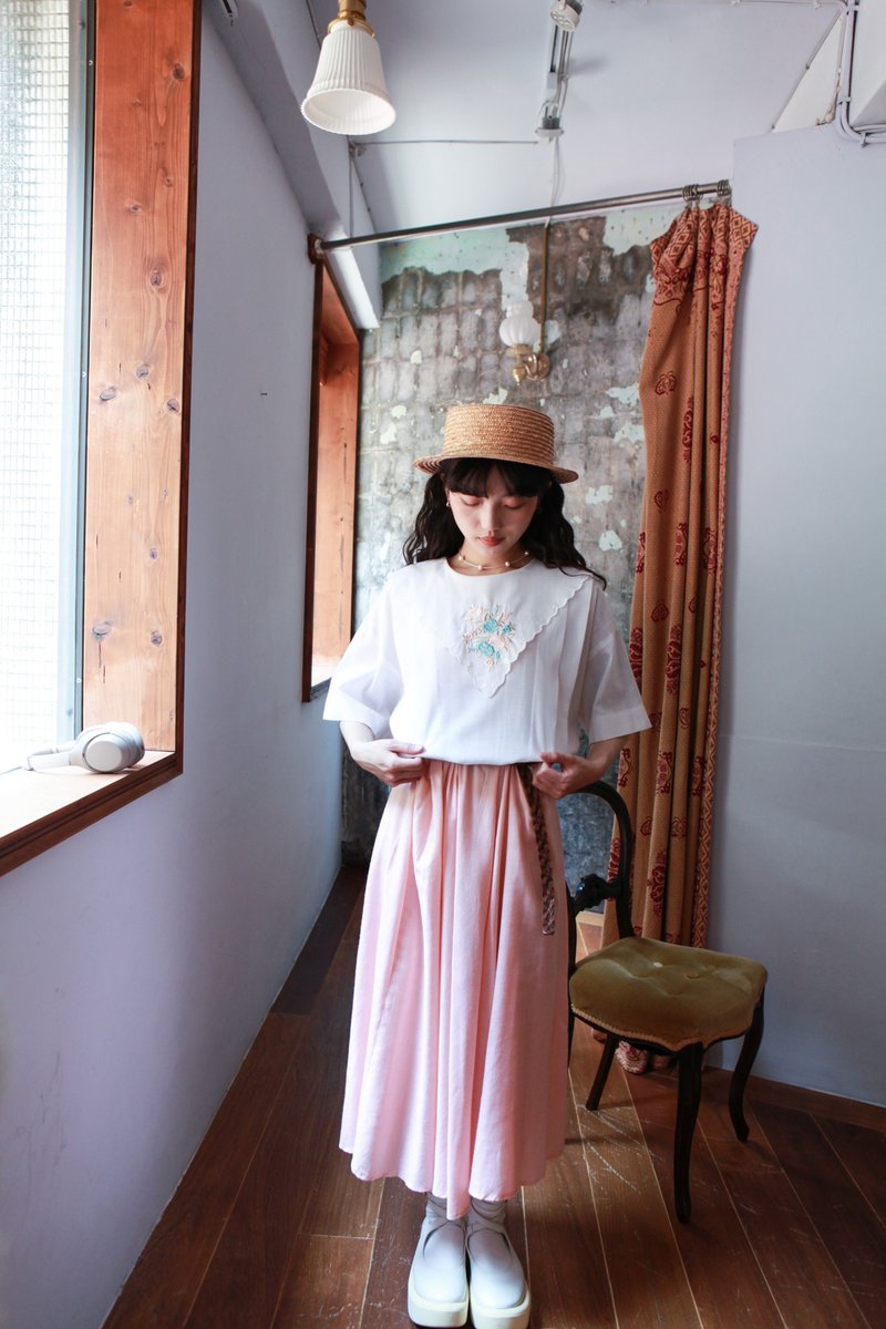 Niao Niao Department Store-Vintage white and pink embroidered American cotton dress - ชุดเดรส - ผ้าฝ้าย/ผ้าลินิน 