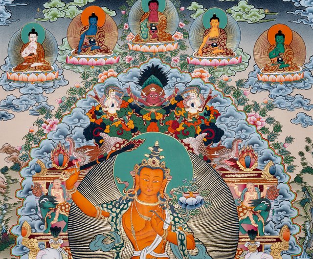 仏教美術 壮大な文殊菩薩のタンカ 知恵の象徴 - ショップ Boudha Stupa Thanka Centre ウォールデコ・壁紙 - Pinkoi