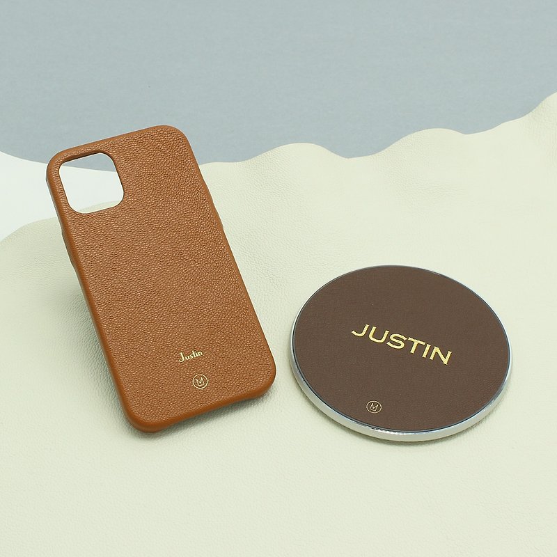 Customized Gift Genuine Leather Dark Brown Macaron Wireless Charging Tray Charging Cable
