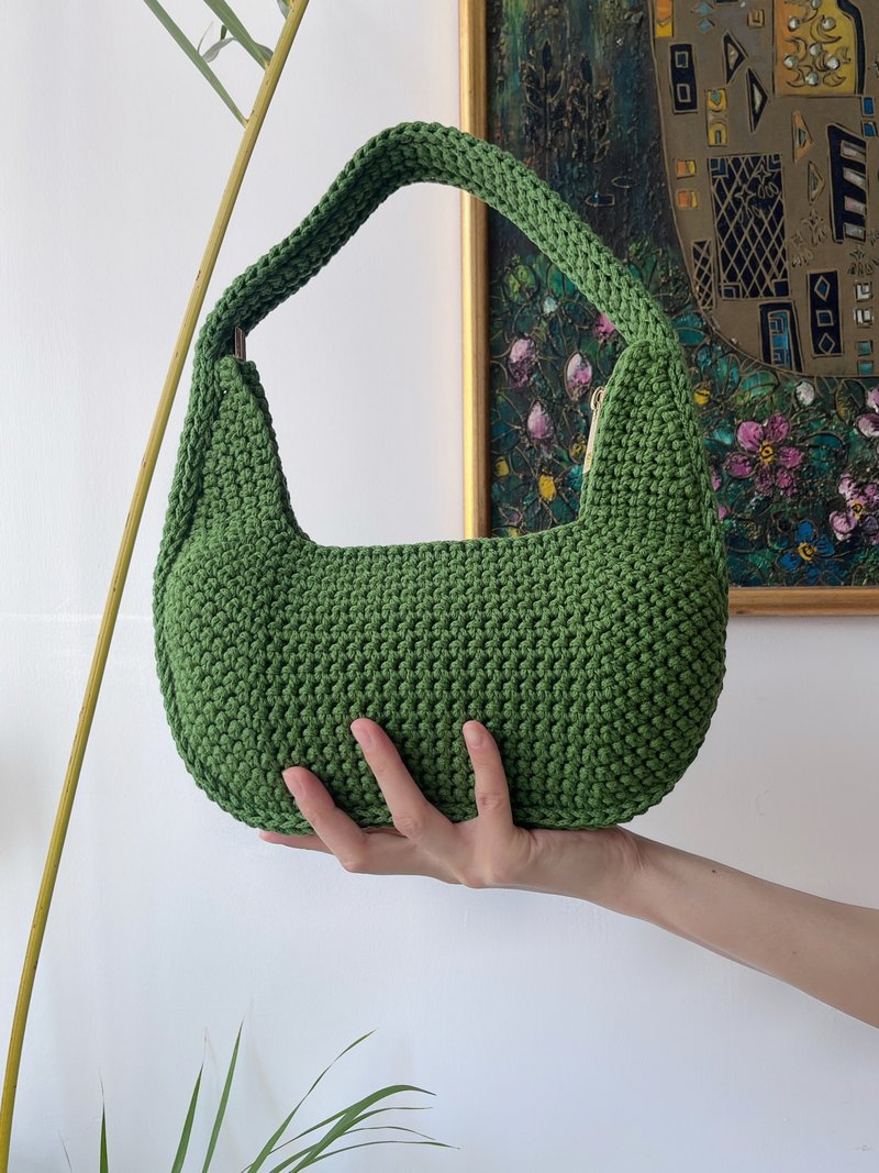 Handmade crochet hobo bags - Forest green crocheted knit cotton handbag - Handbags & Totes - Cotton & Hemp Green