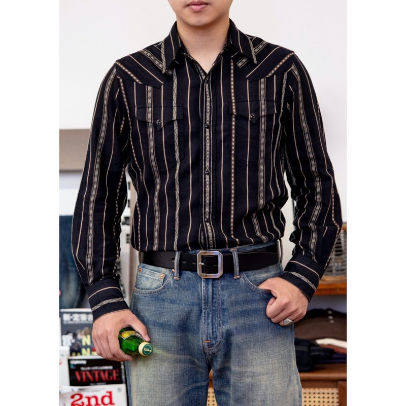 黑條紋長袖襯衫 色織提花布料 全棉 手工單件 經典 Depp's Shirt - 男襯衫/休閒襯衫 - 棉．麻 黑色