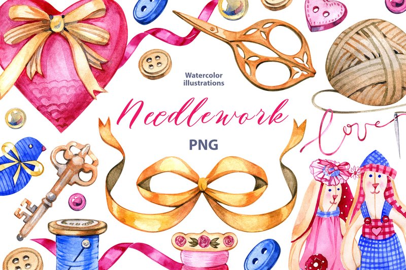 Watercolor needlework clipart set, 26 Png, Cottagecore Sewing Clipart - 電子似顏繪/繪畫/插畫 - 其他材質 