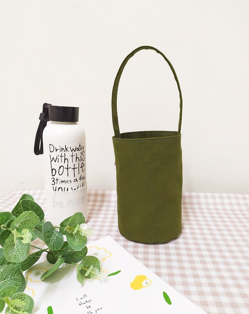 Dot series drink bag/water bottle bag/limited handmade bag/small grass green/in pre-order - Beverage Holders & Bags - Cotton & Hemp Green