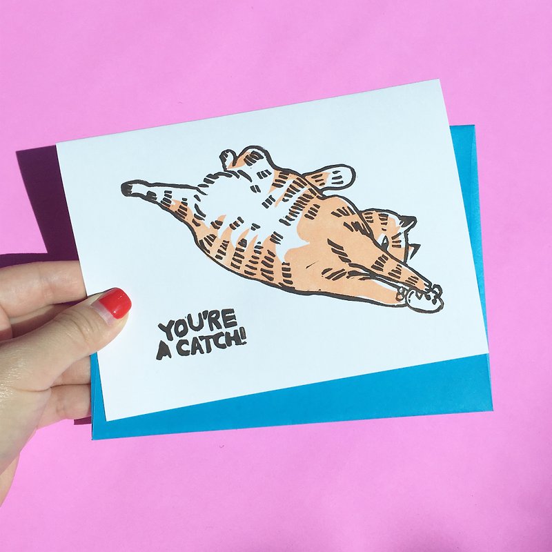 オレンジの猫のグリーティングカードあなたはキャッチ猫のグリーティングカードです - カード・はがき - 紙 