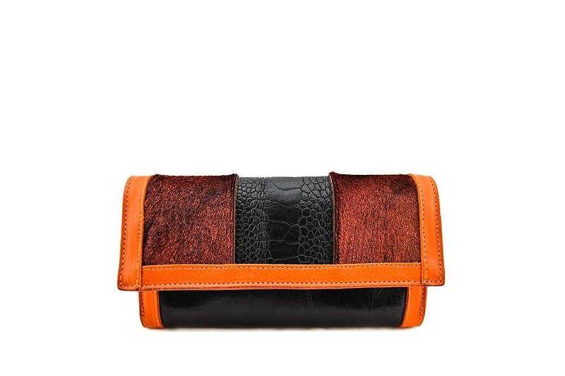 Calf Fur & Ost Leg Flap Long Wallet / Long Wallet - กระเป๋าสตางค์ - หนังแท้ สีส้ม
