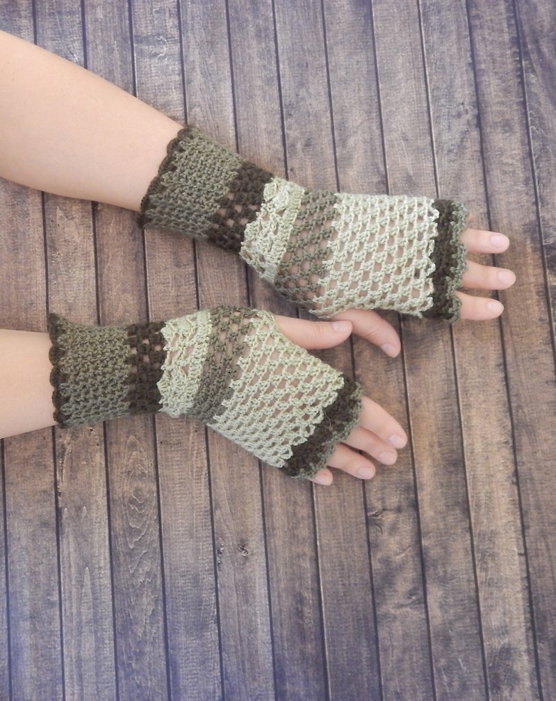 Women's Crochet wool fingerless gloves Green knit arm warmers Cottagecore - Gloves & Mittens - Wool Green