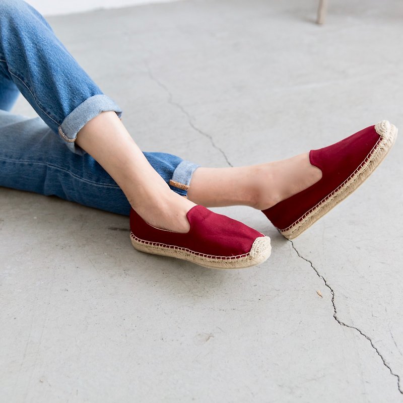 Japanese fabric handmade straw shoes-wine red out of print - Women's Casual Shoes - Cotton & Hemp Red