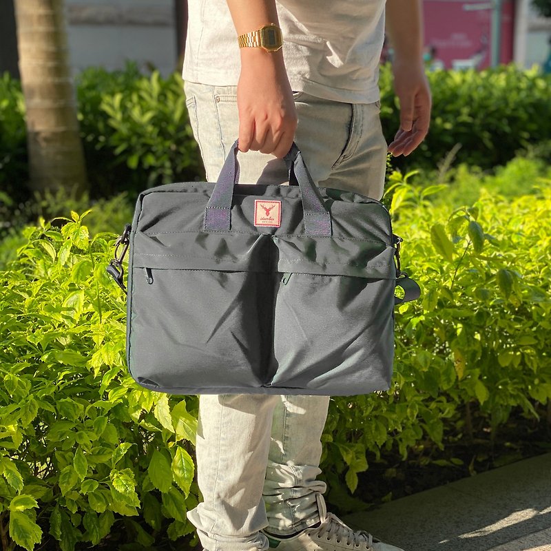 Gray water-repellent nylon ultra-light laptop bag 11-15.6 inch laptop briefcase school bag - กระเป๋าแล็ปท็อป - วัสดุอื่นๆ สีเทา