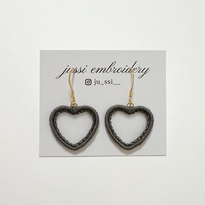 Mesh Heart Embroidered Pendant - Low Key Dark Grey - Earrings & Clip-ons - Thread Black