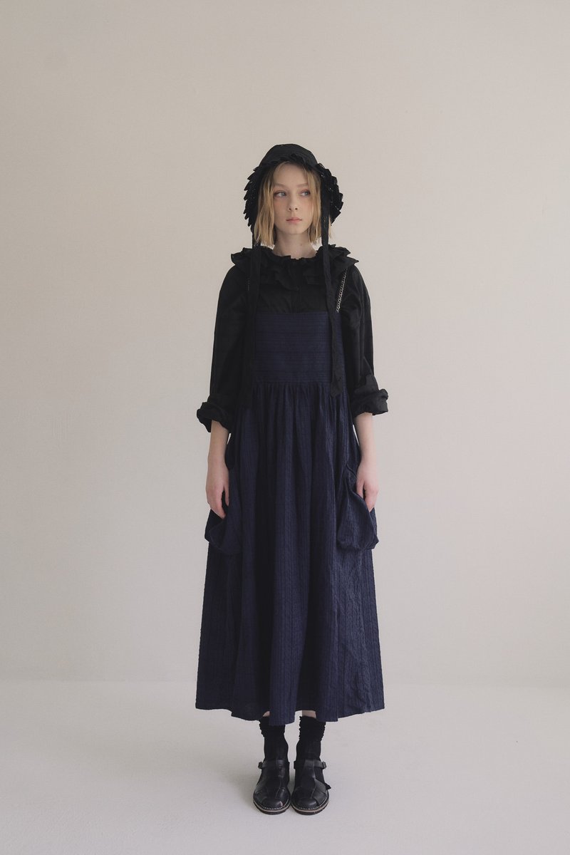 Gusseted pocket dress 立體紋理雙口袋廓形洋裝 - 洋裝/連身裙 - 棉．麻 藍色