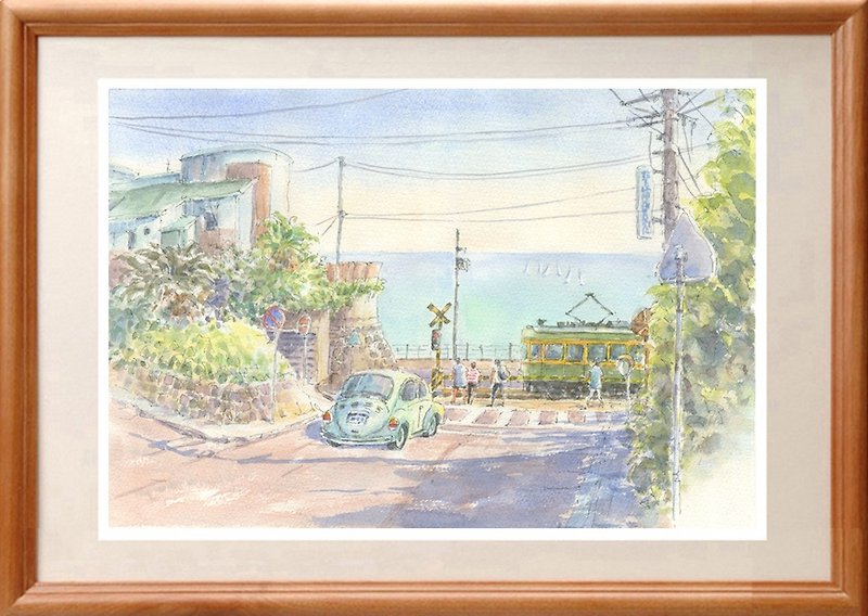 Watercolor picture original picture Enoden / Kamakura high school Fore crossing A - โปสเตอร์ - กระดาษ สีน้ำเงิน