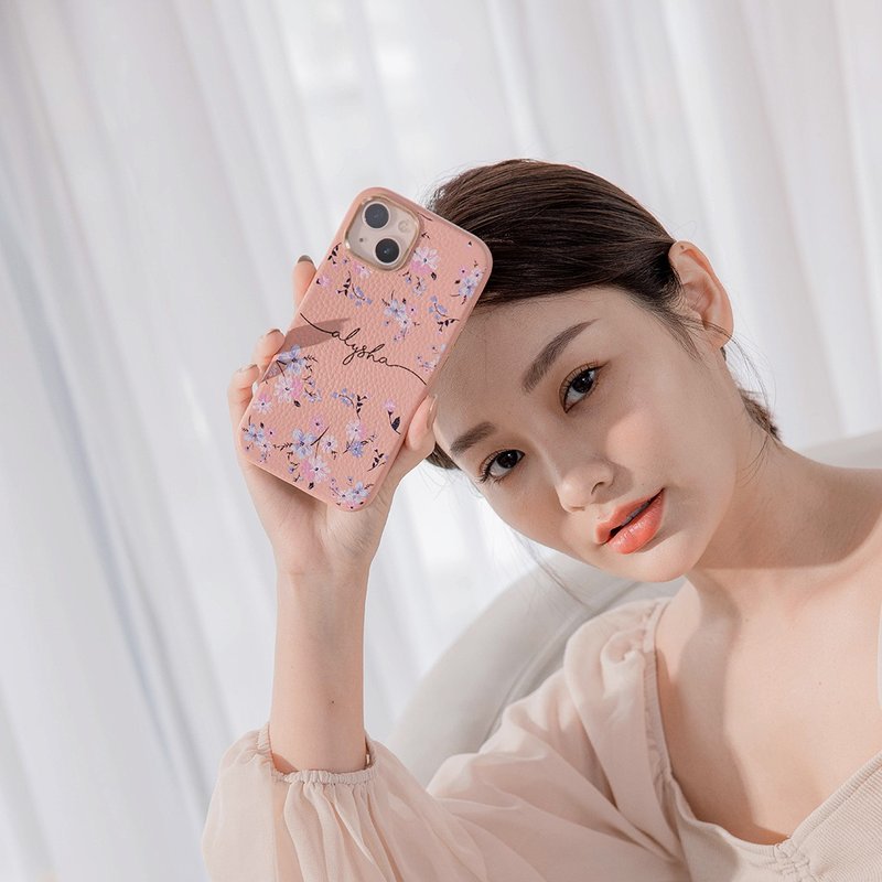 紫粉碎花 蜜荔殼 蜜荔粉天然皮革殼 - iPhone客製化手機殼 - 手機殼/手機套 - 真皮 粉紅色