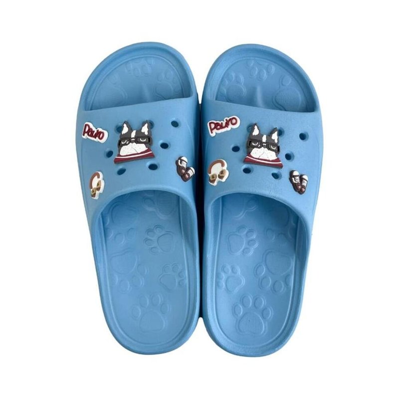 Kusuguru Japan 洞洞鞋 輕量防水雲朵厚底拖鞋 附鞋扣-鬥牛犬藍色 - 室內拖鞋 - 防水材質 藍色