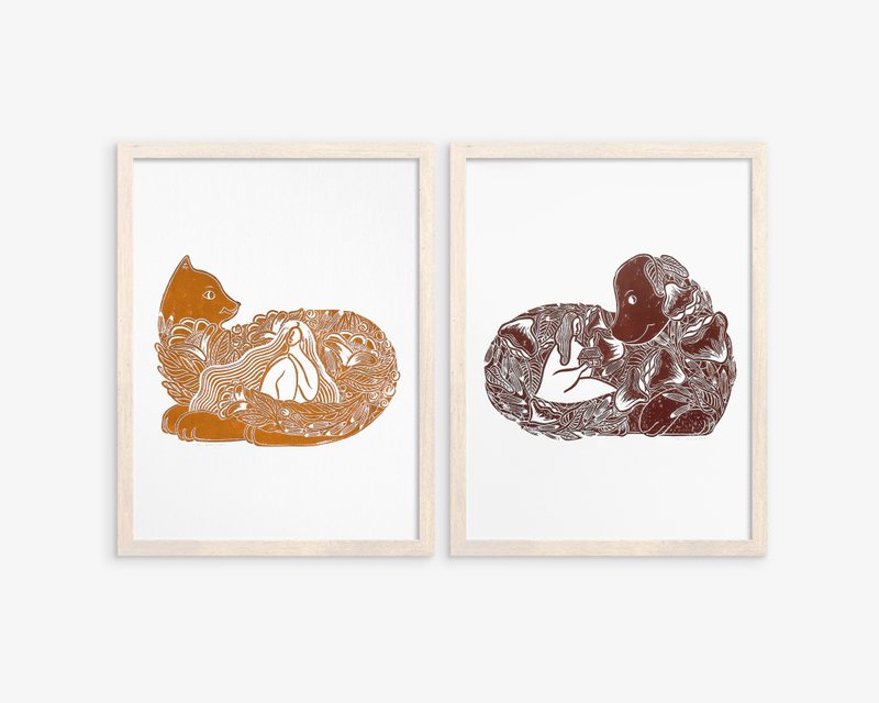 Gallery wall set of 2 Linocut print Terracotta brown Botanical cat and dog art - 海報/掛畫/掛布 - 紙 橘色