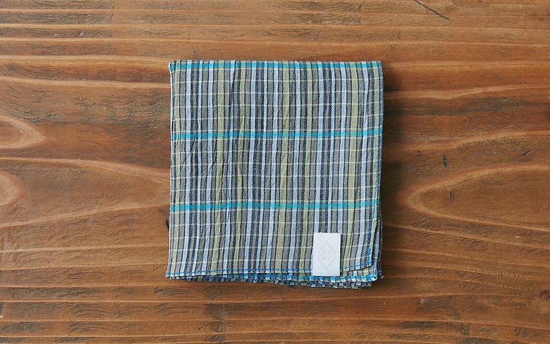 Linen cotton tinted dyed check handkerchief khaki × blue - Other - Cotton & Hemp Green