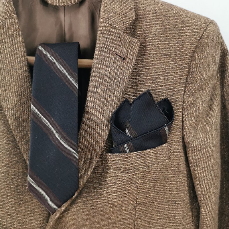 Necktie Black - Coffee Brown stripe Set with Pocket Square (navy stripe) - Ties & Tie Clips - Cotton & Hemp Black