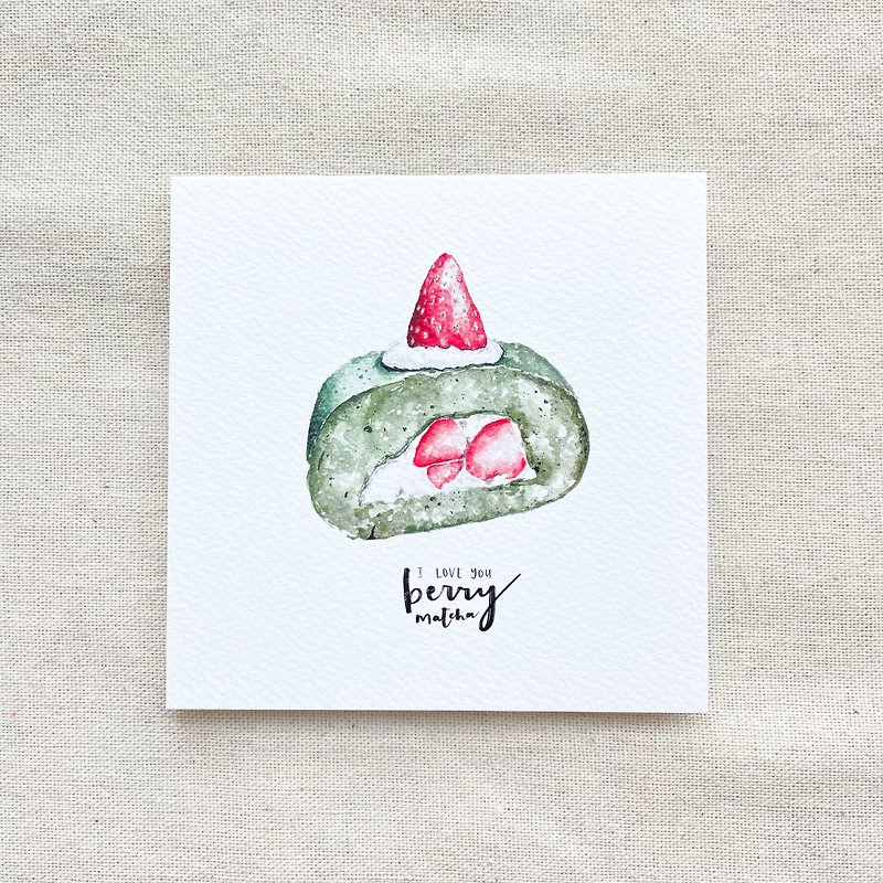 【Watercolor Illustration Postcard】Strawberry Matcha Cake Roll - การ์ด/โปสการ์ด - กระดาษ สีเขียว