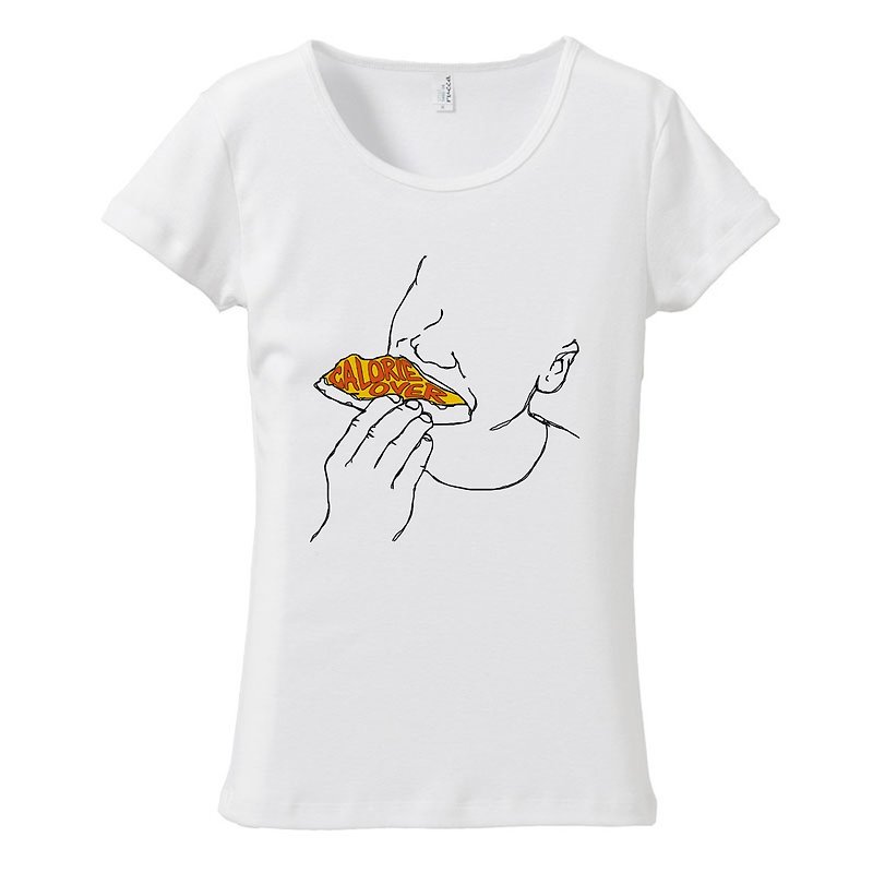Women's T-shirt / Calorie over 2 / pizza - เสื้อยืดผู้หญิง - ผ้าฝ้าย/ผ้าลินิน ขาว