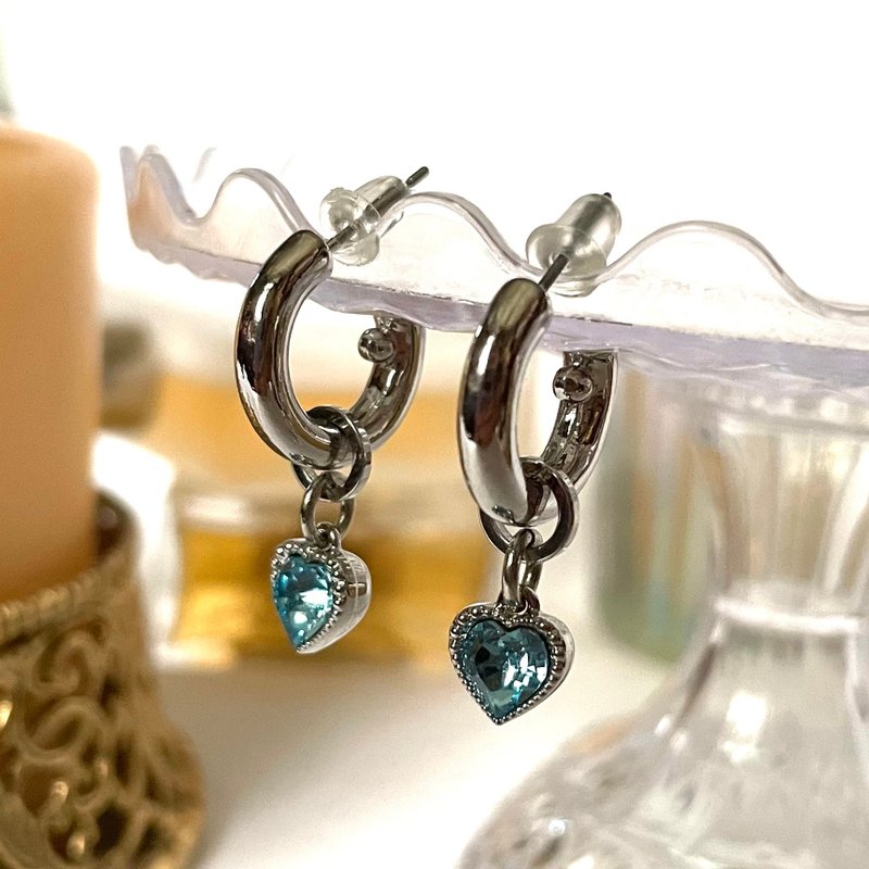 Chunky Hoop Earrings Stainless Steel Blue Heart Swarovski Crystal Gift for Her - 耳環/耳夾/耳骨夾 - 不鏽鋼 藍色