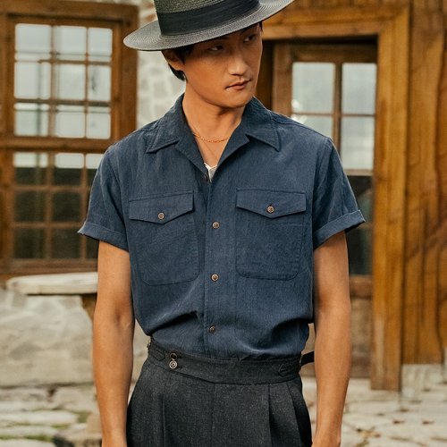 SOARIN獨立復古原創男裝 SOARIN美式復古天絲古巴領工裝襯衫(2521C393)