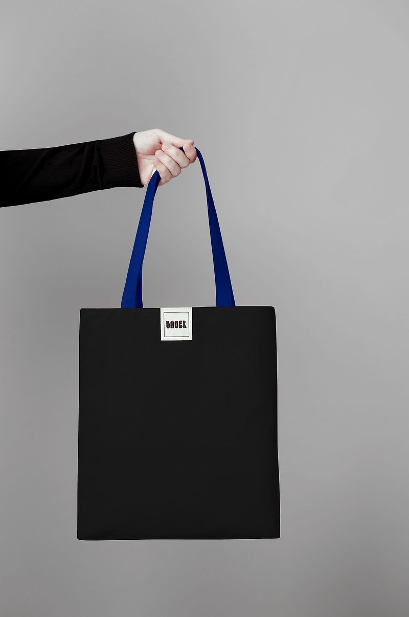 カラーブロックショルダーキャンバスバッグ（ミディアム）/ブラック+ロイヤルブルー - ショルダーバッグ - その他の素材 多色