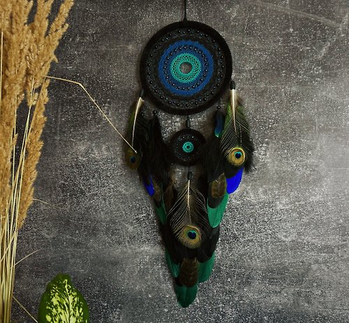 VIDADREAMS OOAK Handcrafted Black, Blue, and Green Dream Catcher with Agate | นักล่าฝัน