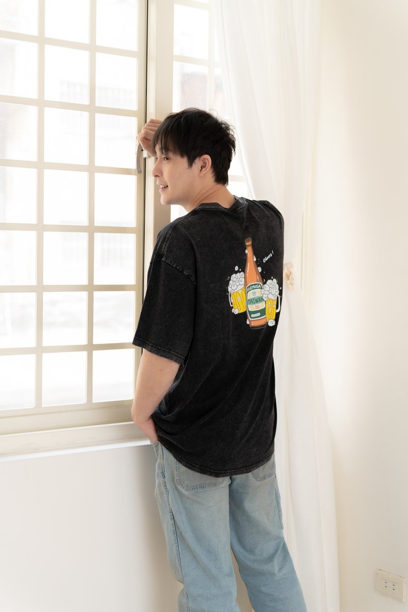 泡泡羊啤酒-中性水洗oversize T-shirt(水洗黑) - 男 T 恤 - 棉．麻 黑色
