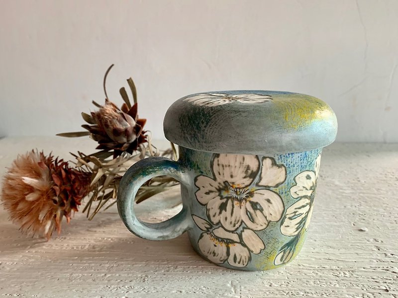 Happy Brilliant White Cherry Blossom Mug with Lid (Sold Out Remade)_Earthenware Mug - Mugs - Pottery Blue