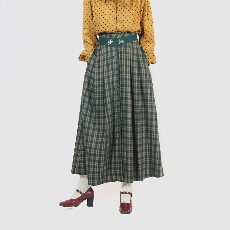 [Egg plant ancient] Aurora Chaoyang wool plaid long version of the ancient round skirt - Skirts - Wool Green