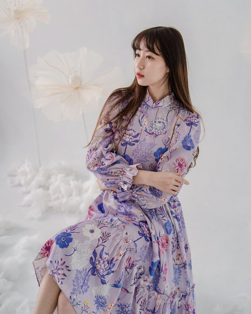 [Cape Town, South Africa] New improved cheongsam with lotus leaf skirt, sweet baby doll dress, queen purple - One Piece Dresses - Cotton & Hemp Purple
