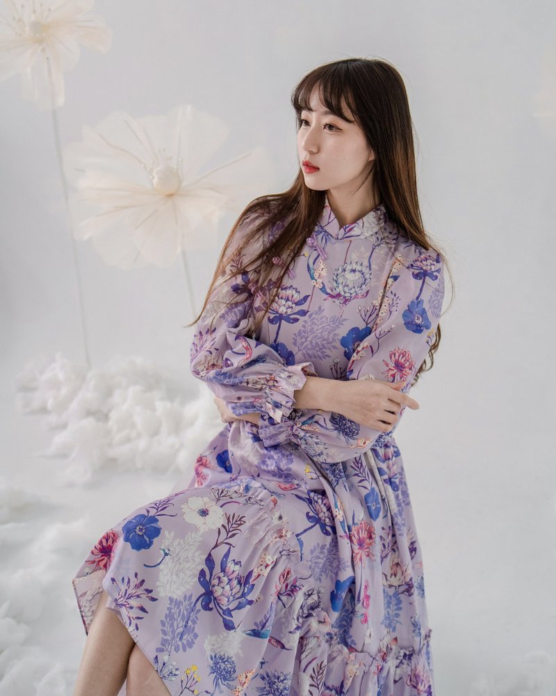 [Cape Town, South Africa] New improved cheongsam with lotus leaf skirt, sweet baby doll dress, queen purple - ชุดเดรส - ผ้าฝ้าย/ผ้าลินิน สีม่วง