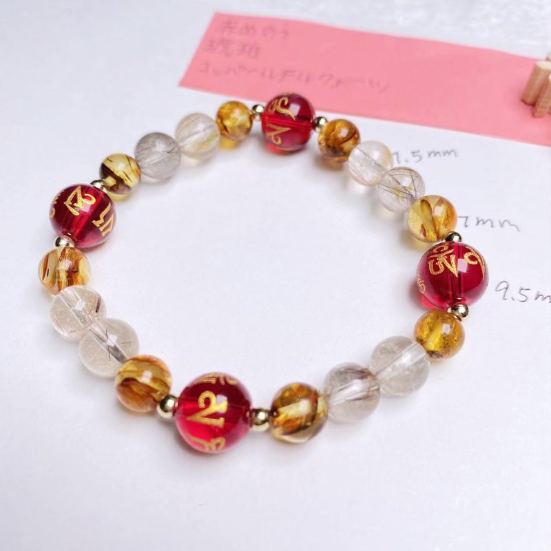 銅髮晶 紅瑪瑙 健康運 天然礦石 能量 手作禮物 日本製 水晶手鍊 - 手鍊/手環 - 水晶 紅色