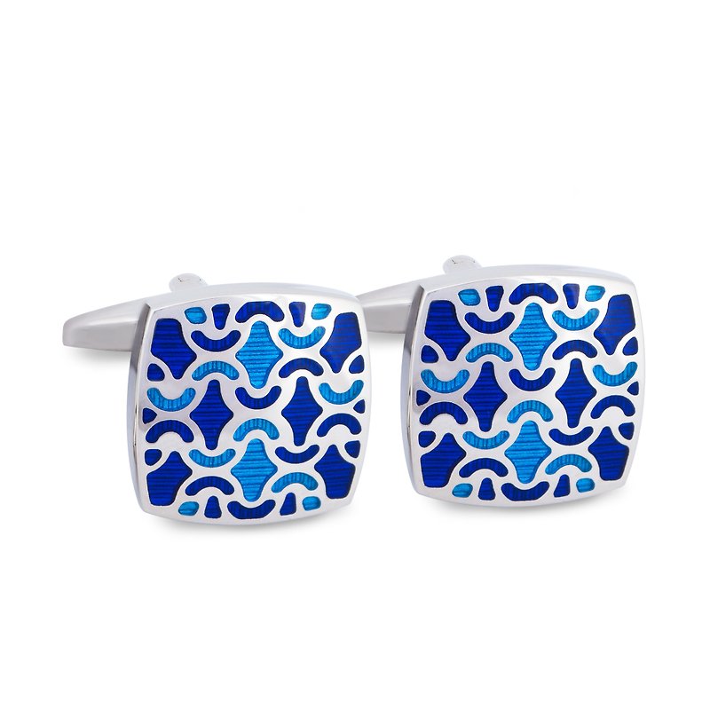 Blue and Navy Enamel Floral designed Cufflinks  - Cuff Links - Other Metals Blue