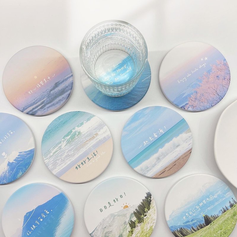 Handwritten landscape/Taiwan-made ceramic absorbent coasters (18 styles in total) - Coasters - Pottery Multicolor