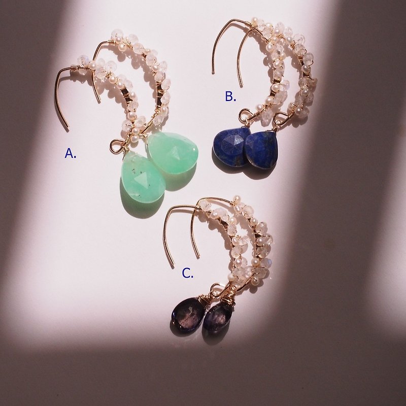 14Kgf Chrysoprase Lapis Lazuli Iolite moonstone freshwater pearl earrings - Earrings & Clip-ons - Semi-Precious Stones Blue
