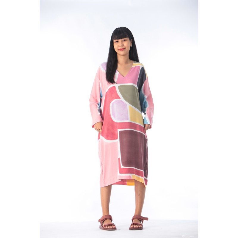 Short Dress Free Size Cotton Rayon Hand Paint - 洋裝/連身裙 - 棉．麻 粉紅色