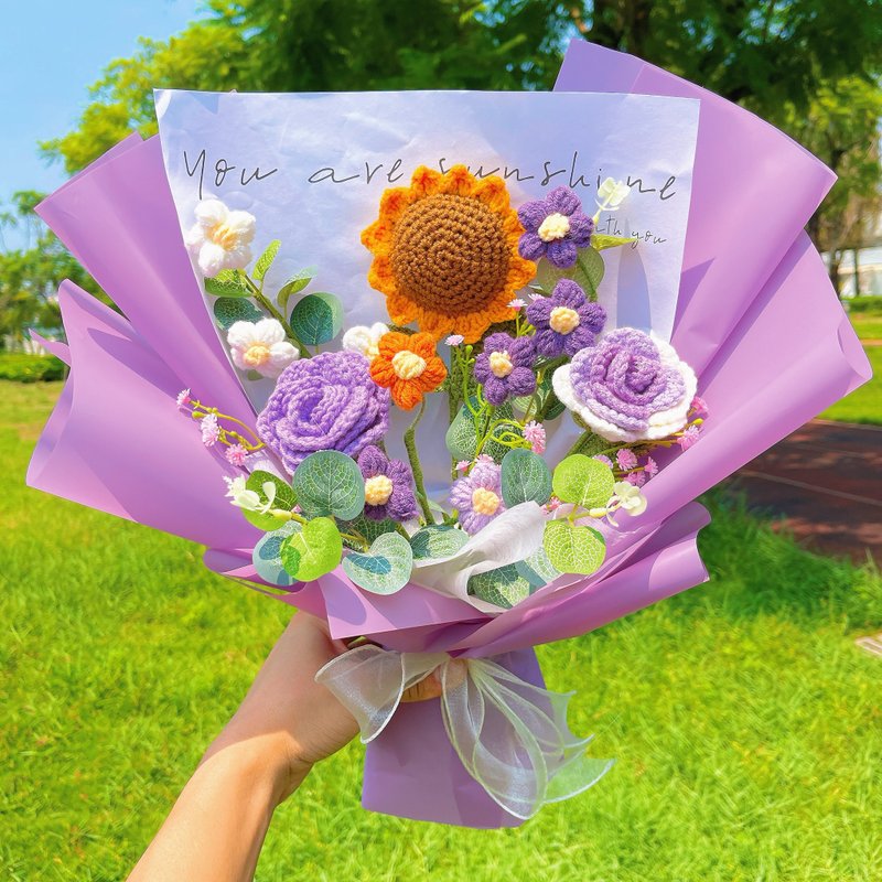 Handcrafted Crochet Summer Lavender Bouquet - Purple Hues, Sunflowers - ช่อดอกไม้แห้ง - ผ้าฝ้าย/ผ้าลินิน สีม่วง