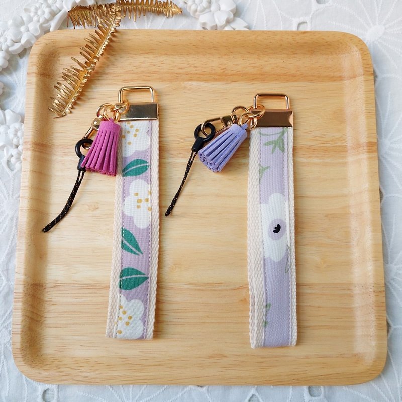 Purple Korean Floral Cloth Tassel Mobile Phone Anti-fall Wrist Strap - Lanyards & Straps - Cotton & Hemp Purple