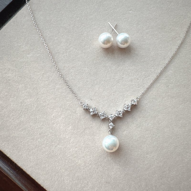 Alpha studio natural Silver blue light freshwater pearl necklace earring set - Necklaces - Pearl 