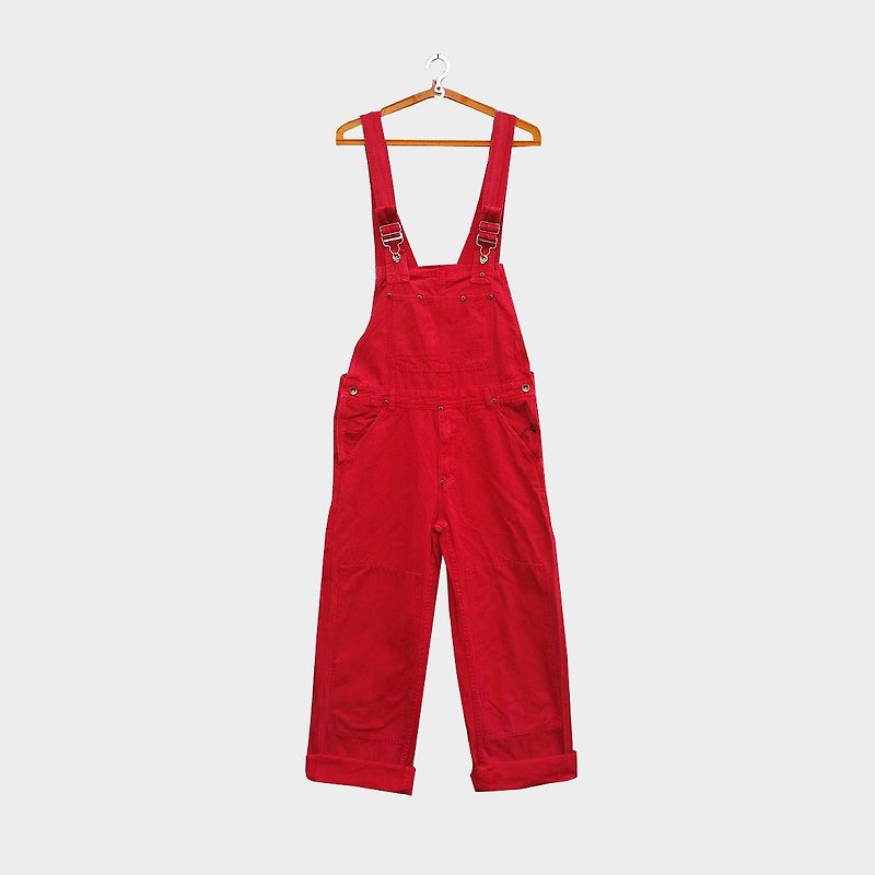 Ancient red suspenders denim pants - จัมพ์สูท - เส้นใยสังเคราะห์ สีแดง