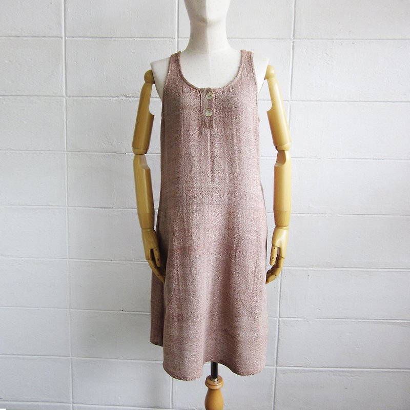 Knee Length Sleeveless Dresses Botanical Dyed Cotton Tan Color - ชุดเดรส - ผ้าฝ้าย/ผ้าลินิน สีนำ้ตาล
