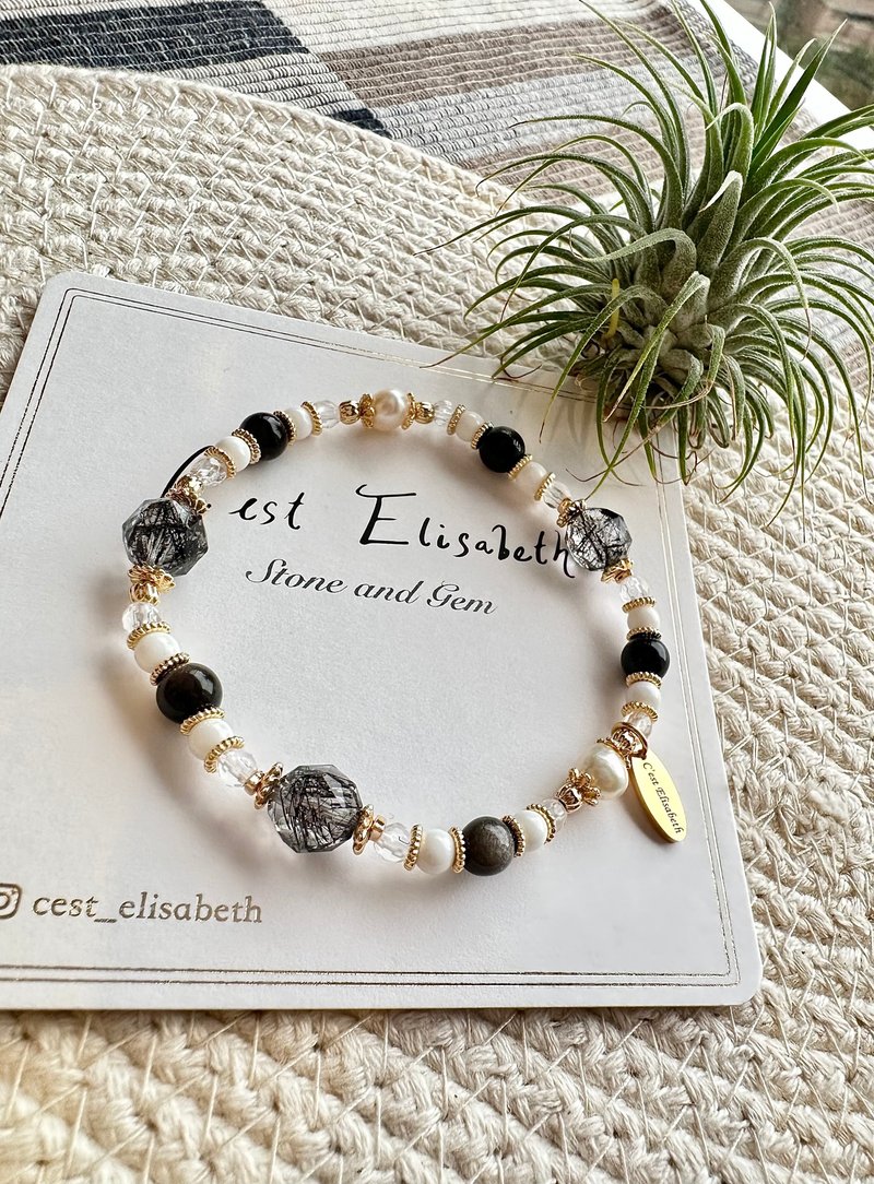 Sparkling Shelter - High Quality Diamond Cut Black Hair Quartz Silver Stone Tridacna White Crystal 14k Bracelet - สร้อยข้อมือ - คริสตัล 