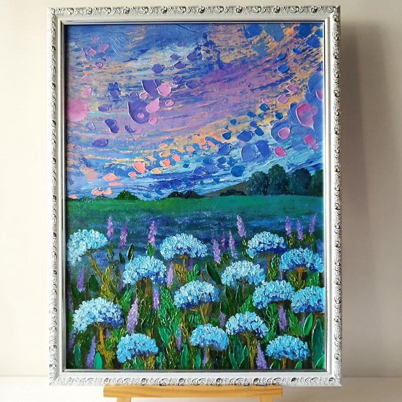 Original Blue Landscape Painting with Wildflowers - Textured Acrylic Art - 壁貼/牆壁裝飾 - 壓克力 藍色