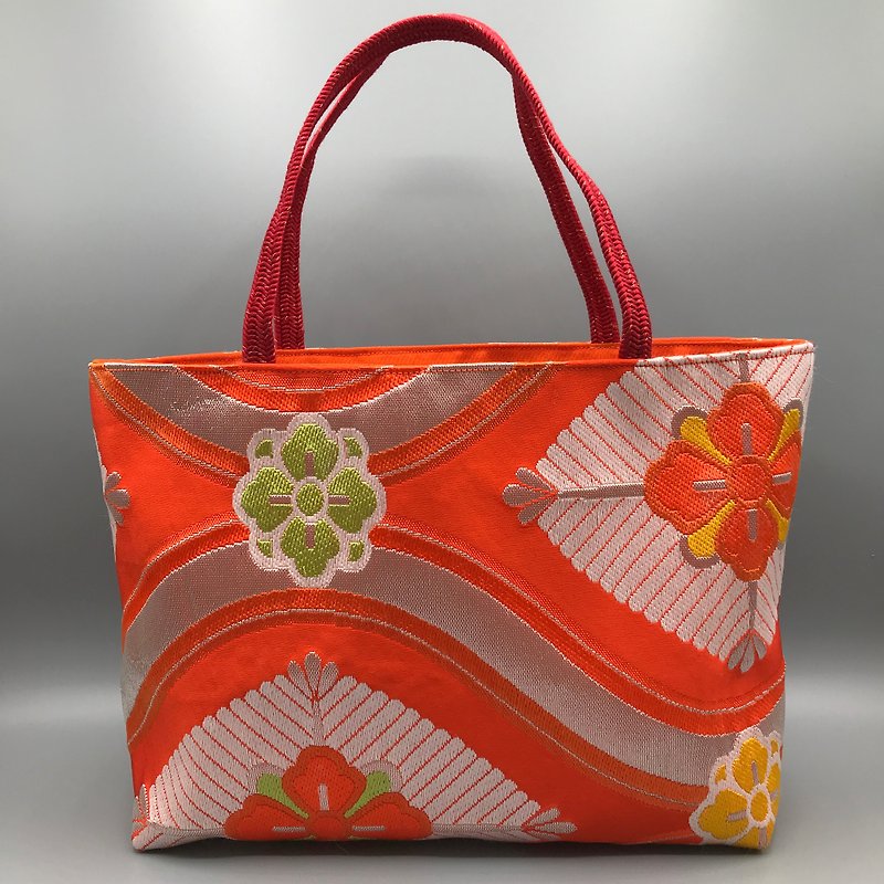 Kimono Obi Remake Handmade Tote Bag Obijime - Handbags & Totes - Silk Orange