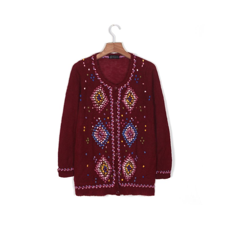 [Egg plant ancient] cherry color ancient cardigan sweater - สเวตเตอร์ผู้หญิง - ขนแกะ สีแดง