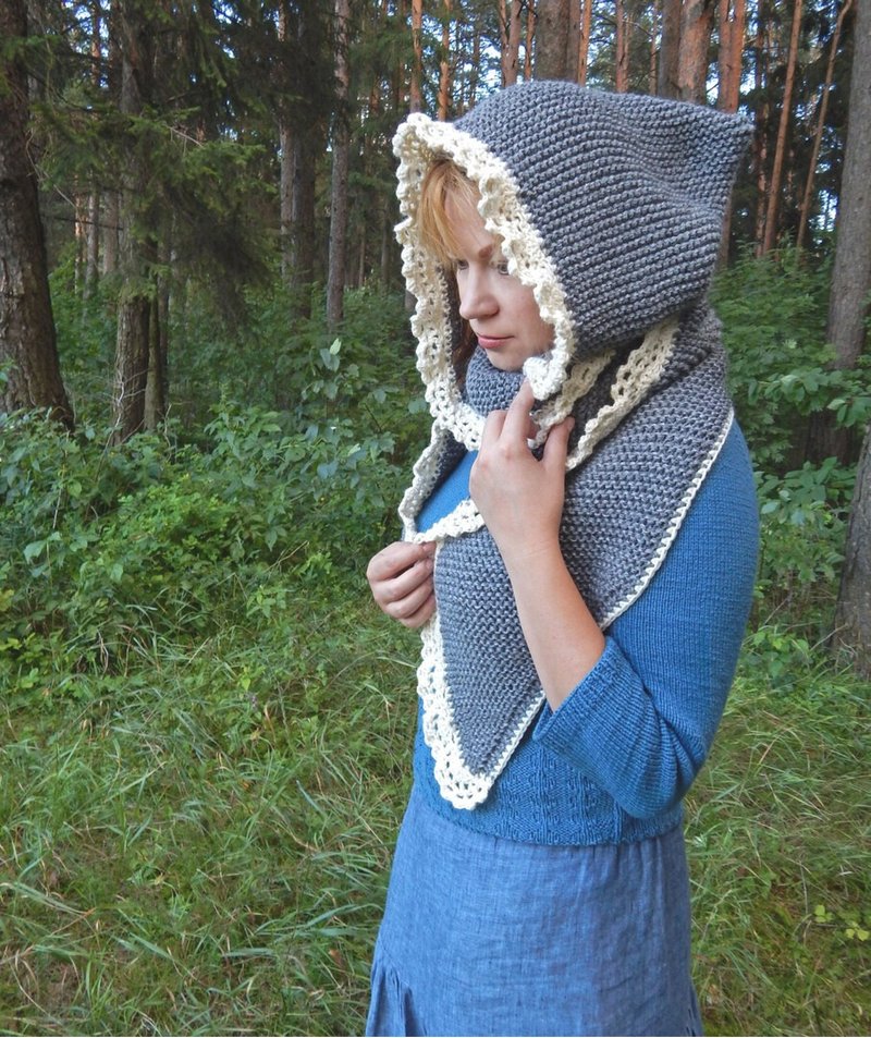 Knitted hood scarf, long gray scarf with lace, elven scarf hood - ผ้าพันคอถัก - ขนแกะ สีเทา