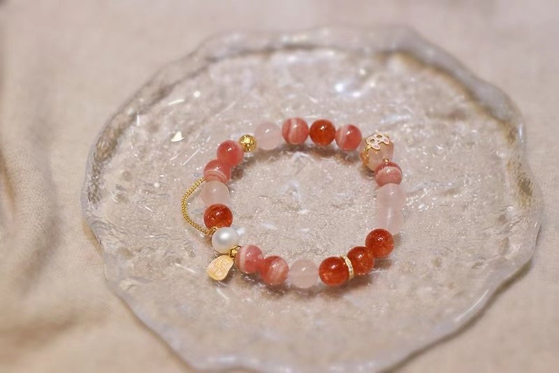Original Chinese style natural red Stone multi-treasure bracelet with gold sun horse pink freshwater pearls and good luck charm - Bracelets - Crystal 