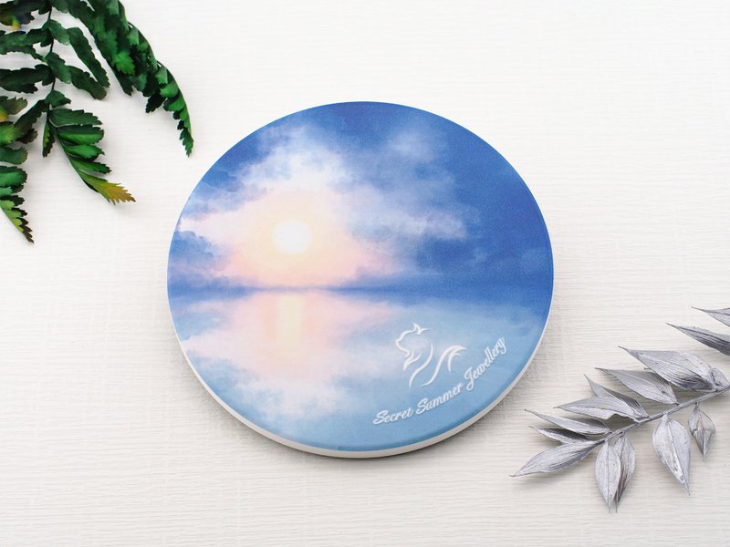 (Sunrise) Hand-painted watercolor wind healing Yingge ceramic absorbent coaster - Coasters - Pottery Blue