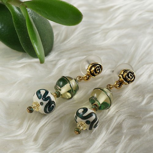 AGATIX Yellow Green Lampwork Murano Glass Earrings Golden Rose Spiral Earrings Jewelry