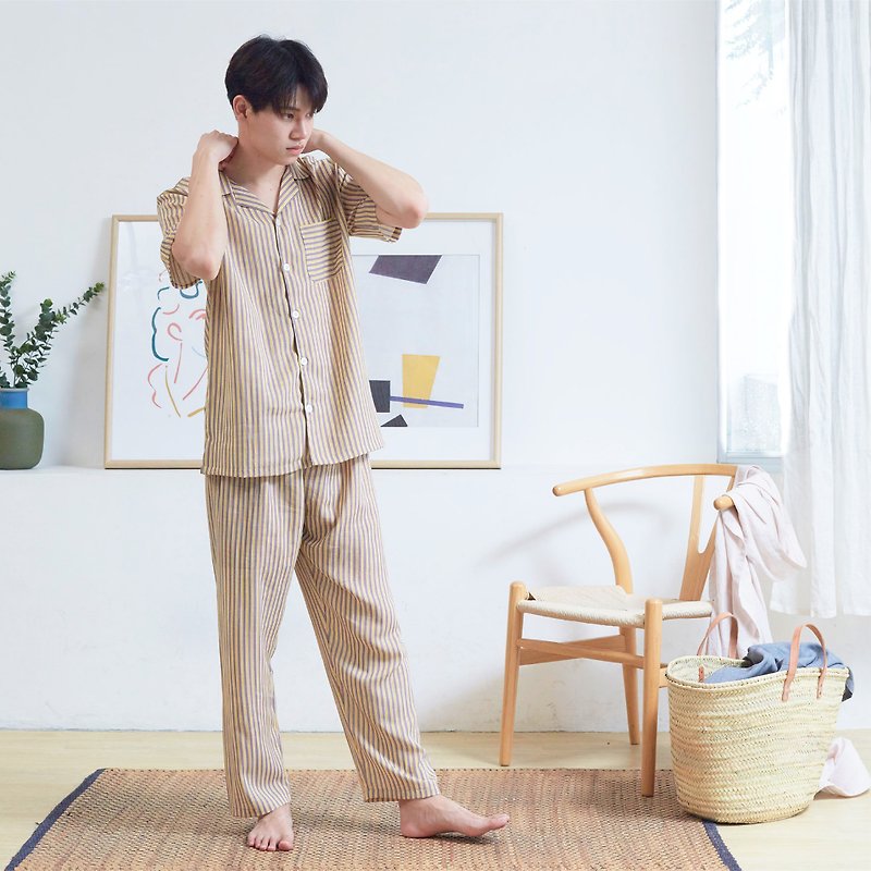 Linen Pajamas Short sleeve with Pants - 居家服/睡衣 - 亞麻 黃色